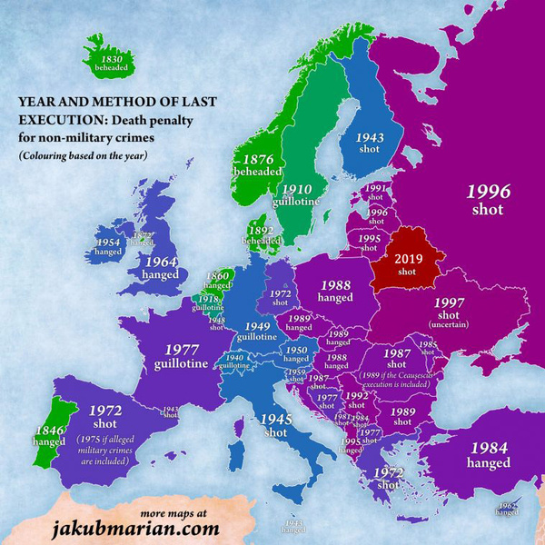 Карта Европы с указанием даты и способа последней смертной казни