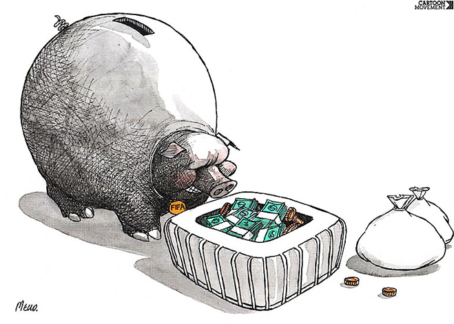Пенальти разных широт: коррупция ФИФА глазами иностранных карикатуристов