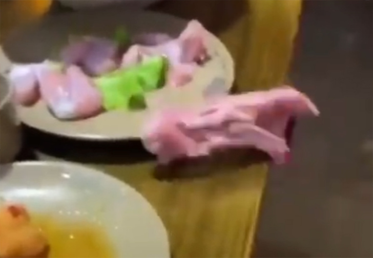 У посетительницы ресторана из тарелки сбежал кусок сырой куриной грудки (зомби-видео)