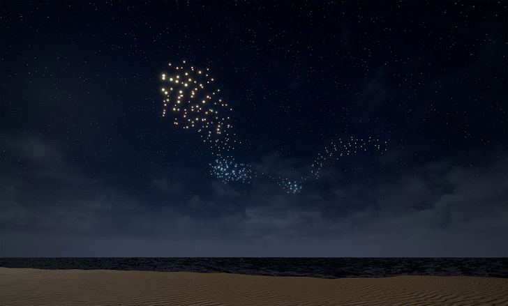 Сразу после заката в небе вспыхнули 300 светящихся дронов, создающих иллюзию стаи птиц, парящих над пляжем и океаном
