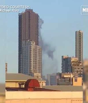 Из бассейна на крыше небоскреба во время землетрясения выливается несколько тонн воды (видео)
