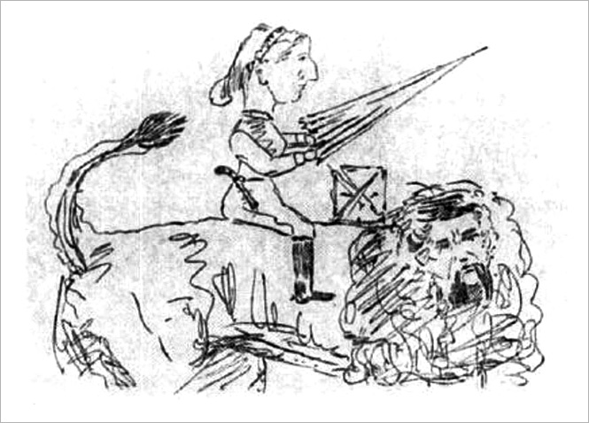 Карикатура Бертона: Изабель едет на льве с лицом Ричарда