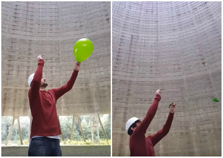 Парень лопает воздушный шар в градирне заброшенной атомной станции (видео со звуком)