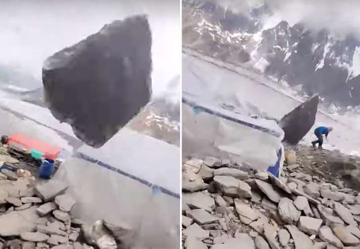 Огромный валун упал на лагерь альпинистов, но промахнулся (видео)