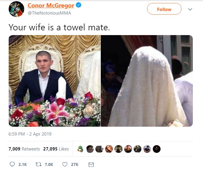 Конор Макгрегор снова напал на Хабиба Нурмагомедова в «Твиттере» и назвал его жену «полотенцем»