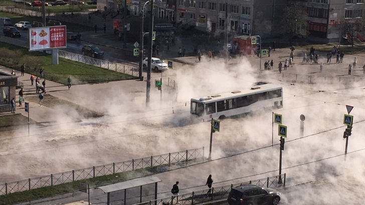 В Санкт-Петербурге автобус с людьми провалился в яму с кипятком посреди улицы (видео)