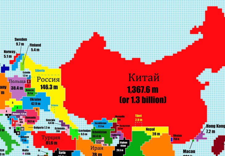 Вот как выглядела бы карта мира, если бы размер стран зависел от числа жителей