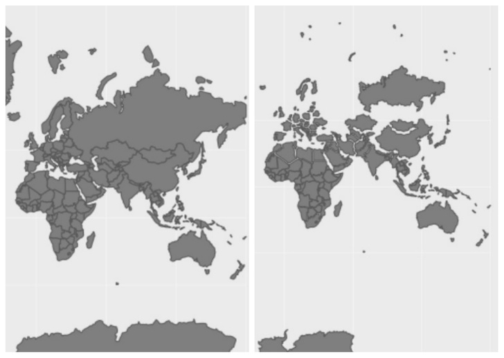 Гифка, показывающая настоящие размеры стран, а не те, которые мы привыкли видеть на картах