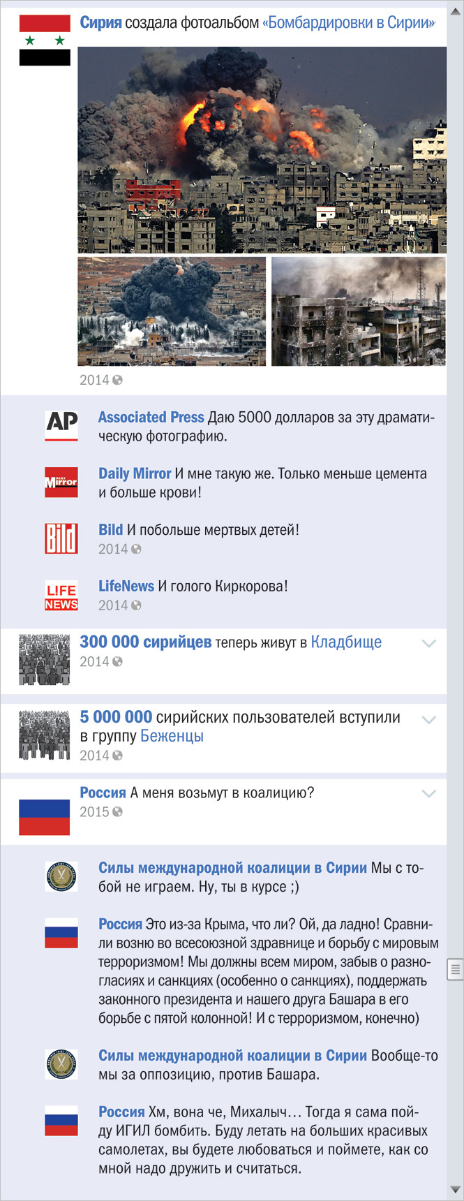 Сирийский конфликт в виде ленты Фейсбука Сирийский конфликт в виде ленты Фейсбука